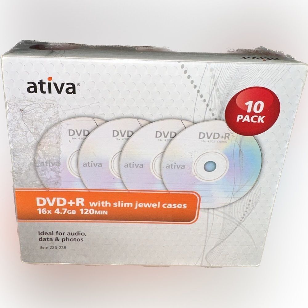 Ativa DVD+R Discs With‎ Slim Jewel Cases16X 4.7GB 120 Min Factory Sealed 10 Pack